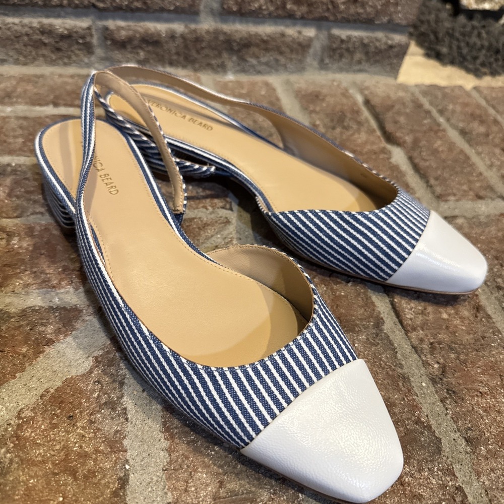 Veronica Beard Cecile Leather Canvas Woman Sz 8 Blue Stripe Slingback #816